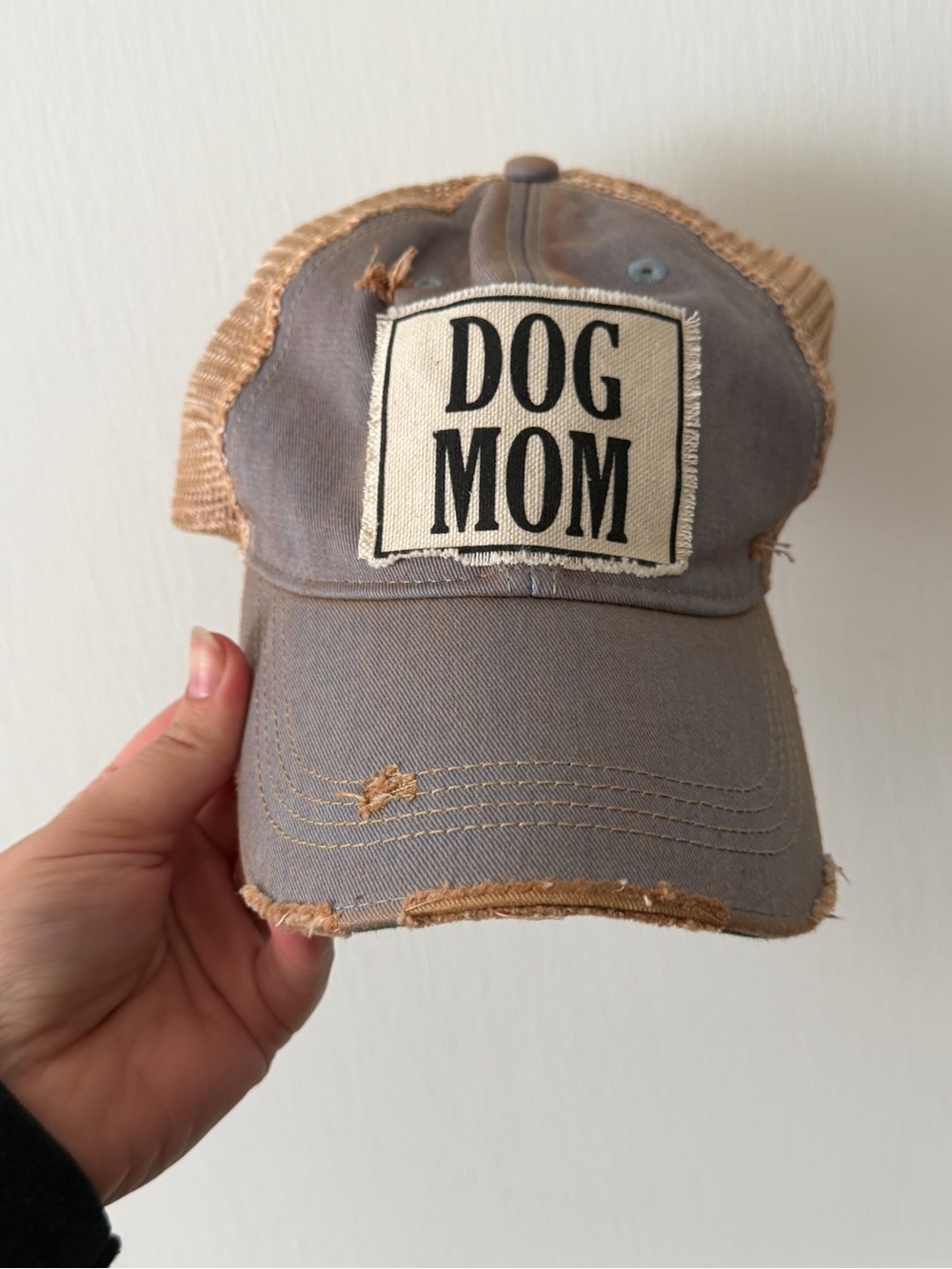 Dog Mom Distressed Mesh Trucker Hat - Gray and Tan